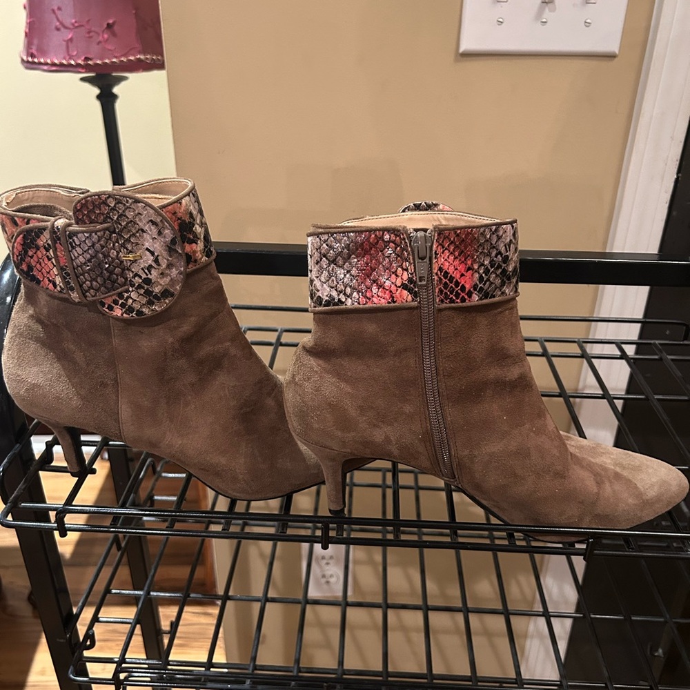 J Renee Stylish Tan Suede Ankle Boots with Snakeskin Accent